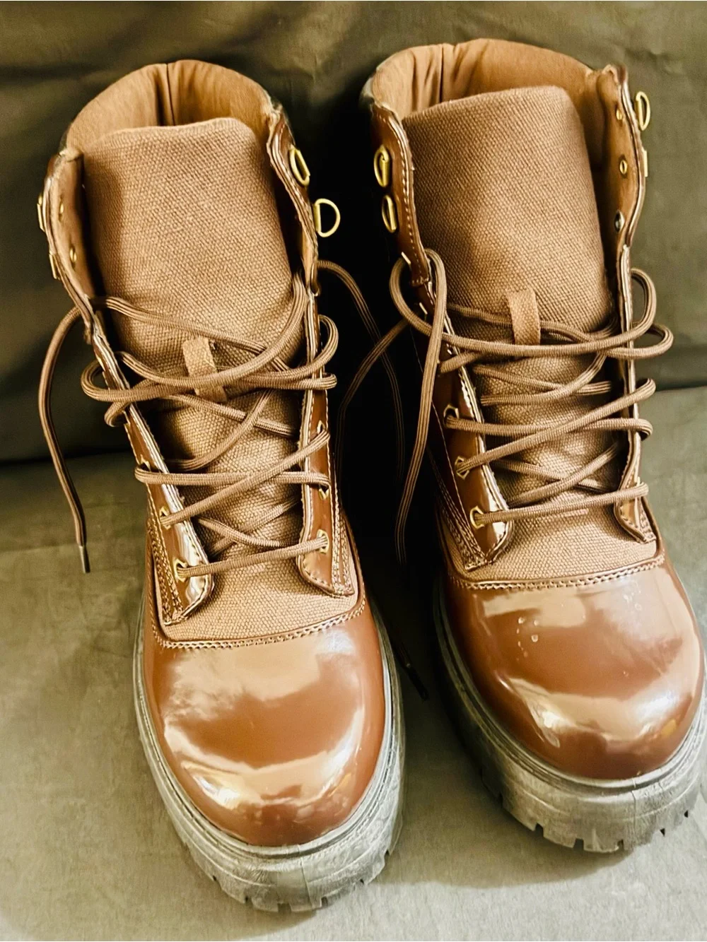 ASOS Brown Lace-Up Chunky Patent Toe Boots